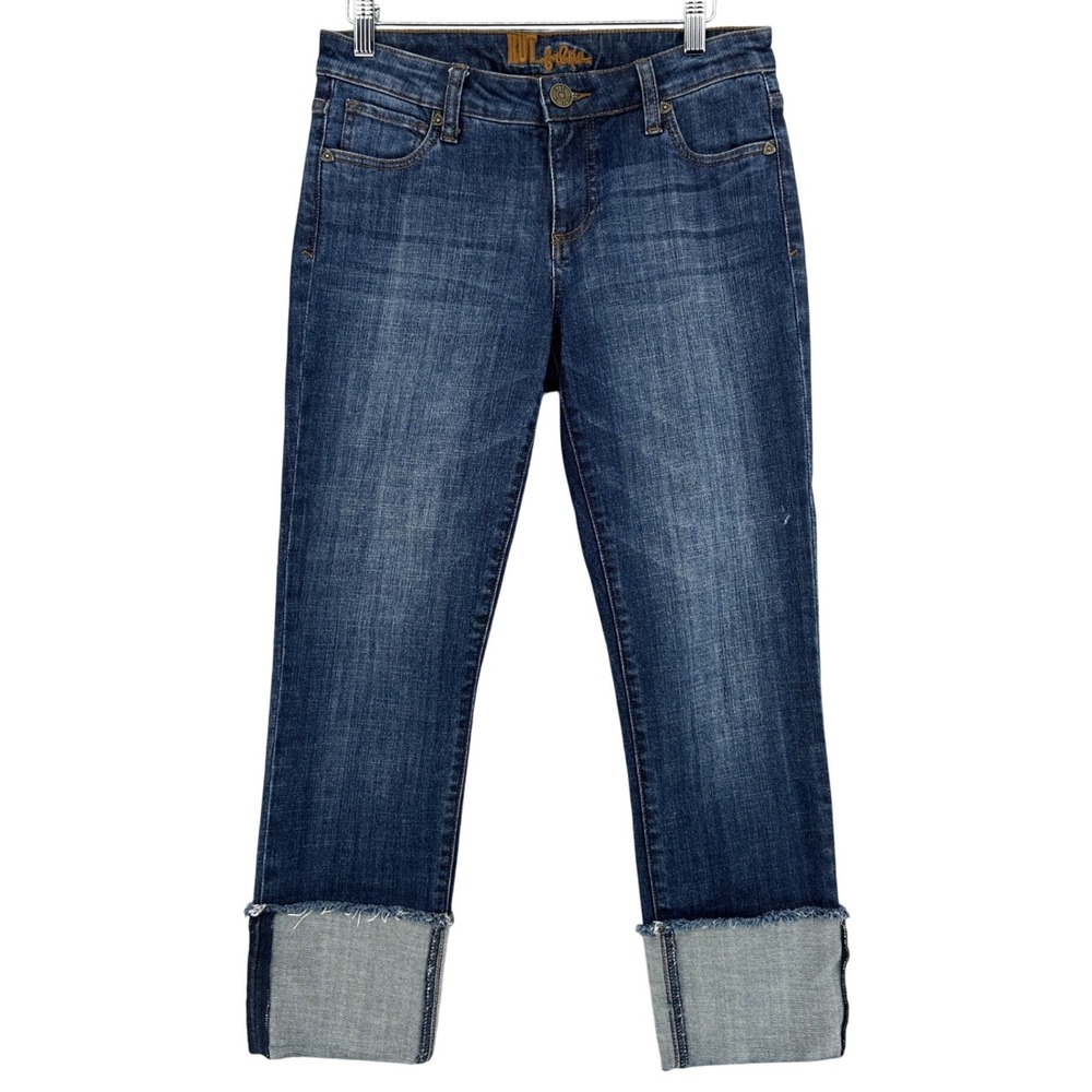 KUT from the Kloth Dark Wash Frayed Wide Cuff Denim Jeans Womens 2 Whiskers
